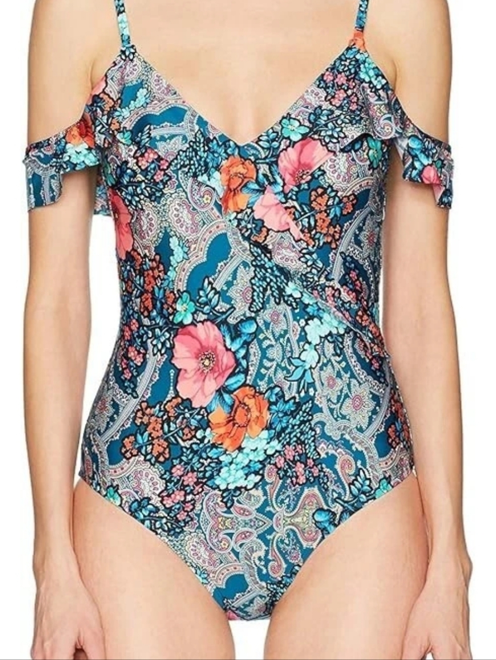 New with tag Laundry by Shelli Segal swim suit Paisly Ruffle M EUC I